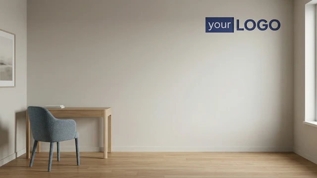 Minimal home office with wooden desk, upholstered chair, soft neutral wall, and a mounted logo creating a clean and calming backdrop.