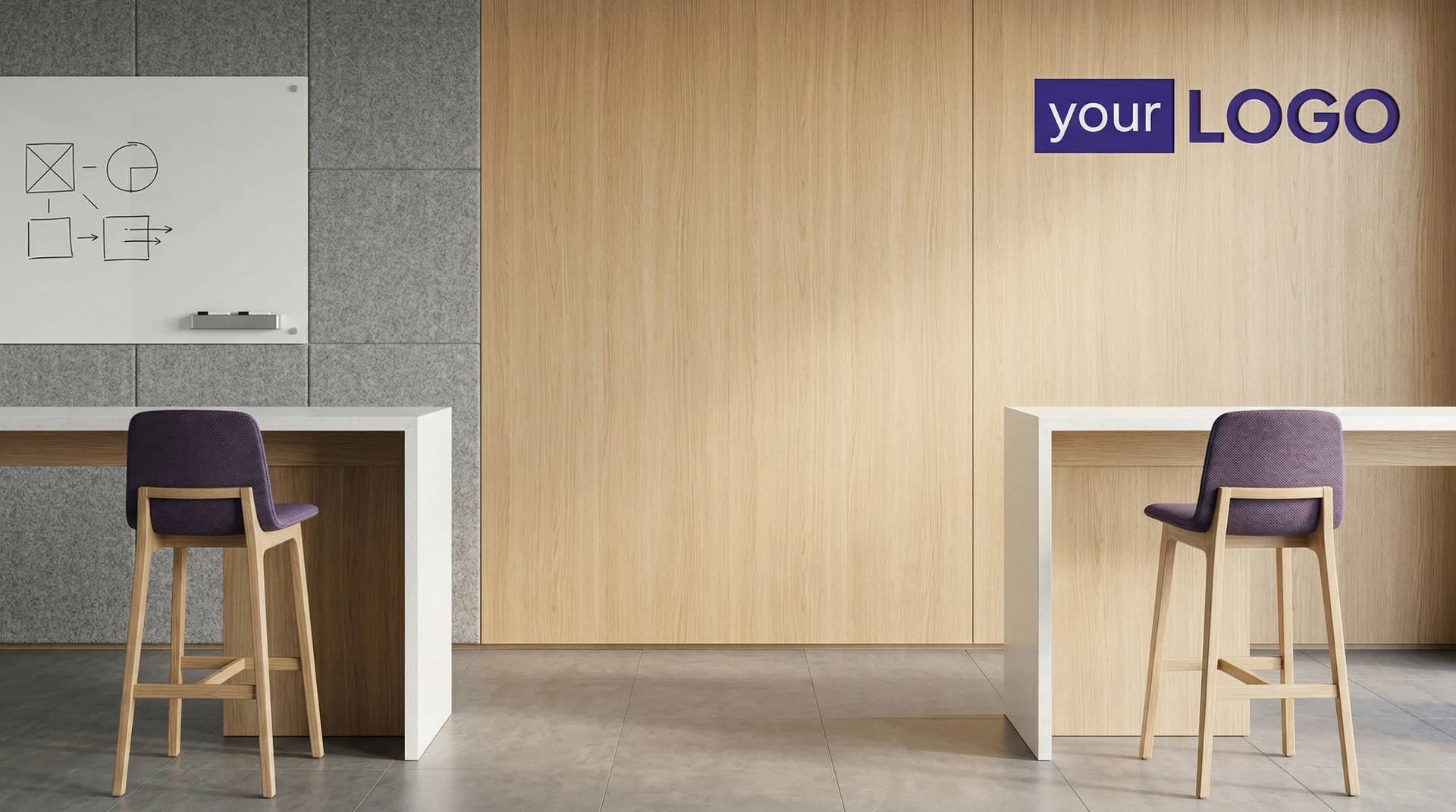 Minimal modern office interior with wood panel wall, white desks, stools, and a mounted logo creating a clean professional backdrop.