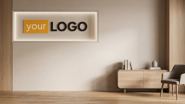Modern office interior with wood panel walls, illuminated logo lightbox, wooden cabinet, and chair creating a premium professional backdrop.