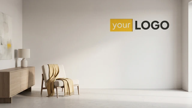 Minimal lounge-style interior with armchair, wooden cabinet, soft decor, and mounted logo on a neutral wall creating a warm professional meeting background