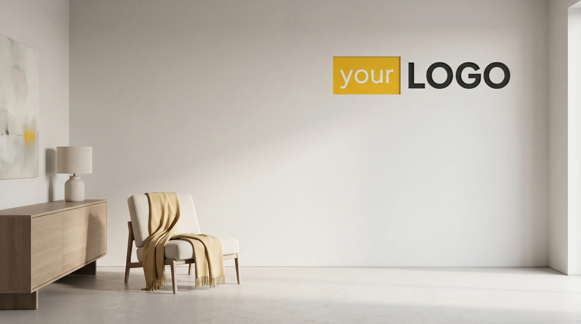 Minimal lounge-style interior with armchair, wooden cabinet, soft decor, and mounted logo on a neutral wall creating a warm professional meeting background