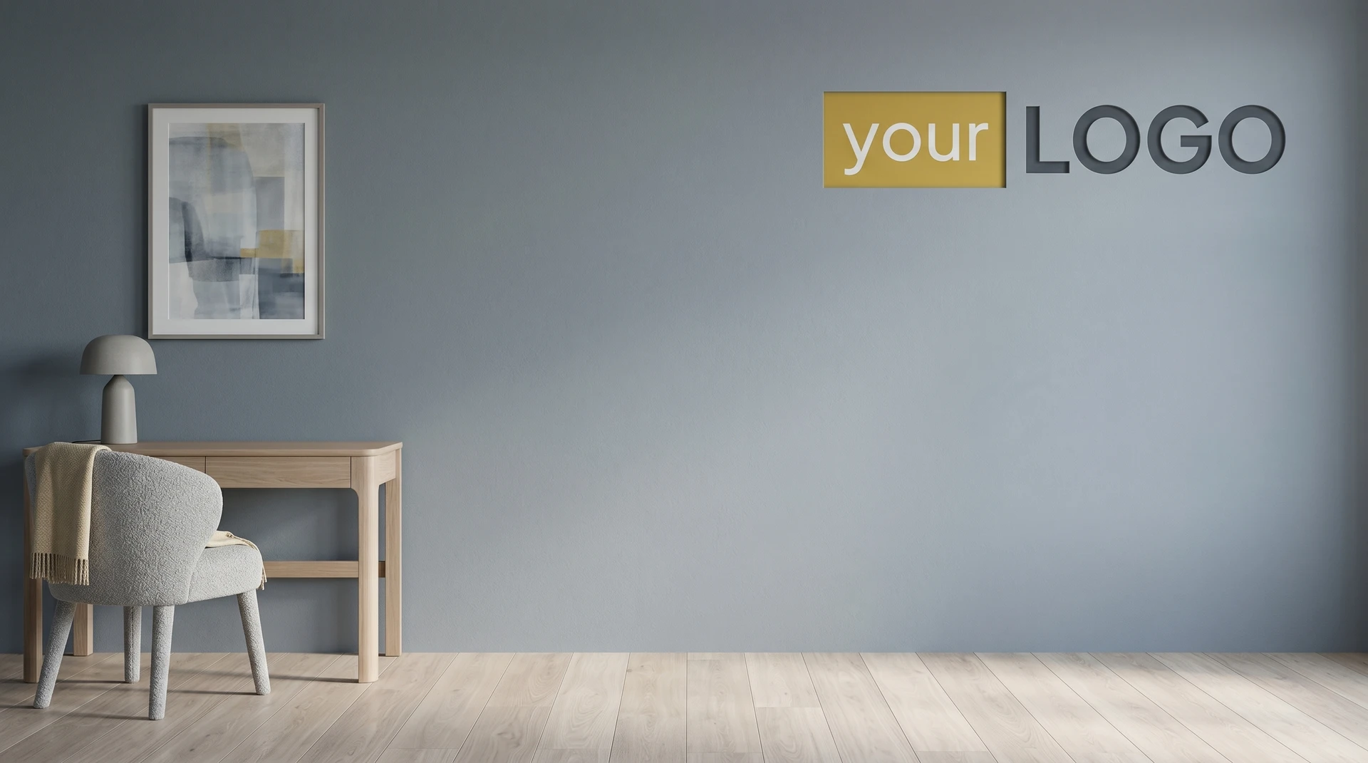 Minimal workspace with blue wall, wooden desk, upholstered chair, and mounted logo creating a calm professional video call background