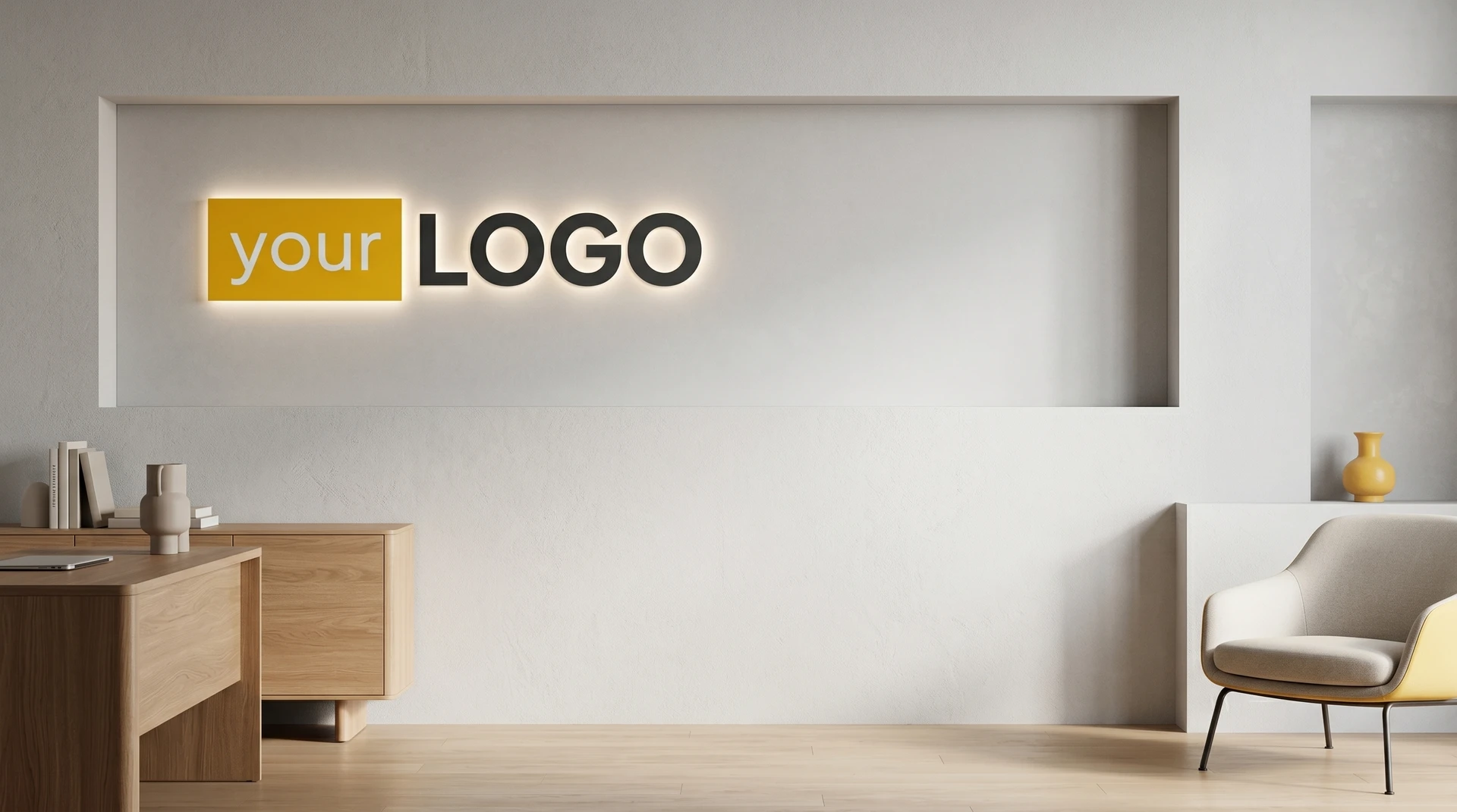 Modern interior with illuminated recessed niche displaying a logo, wooden furniture, and minimalist decor creating a warm professional backdrop.
