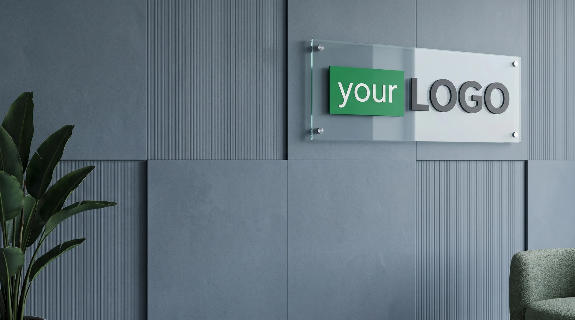 Blue textured wall panels with glass-mounted logo and plant creating a modern professional video call background.