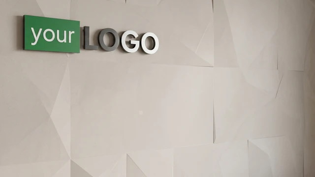 White geometric textured wall with mounted logo creating a clean modern professional video call background.