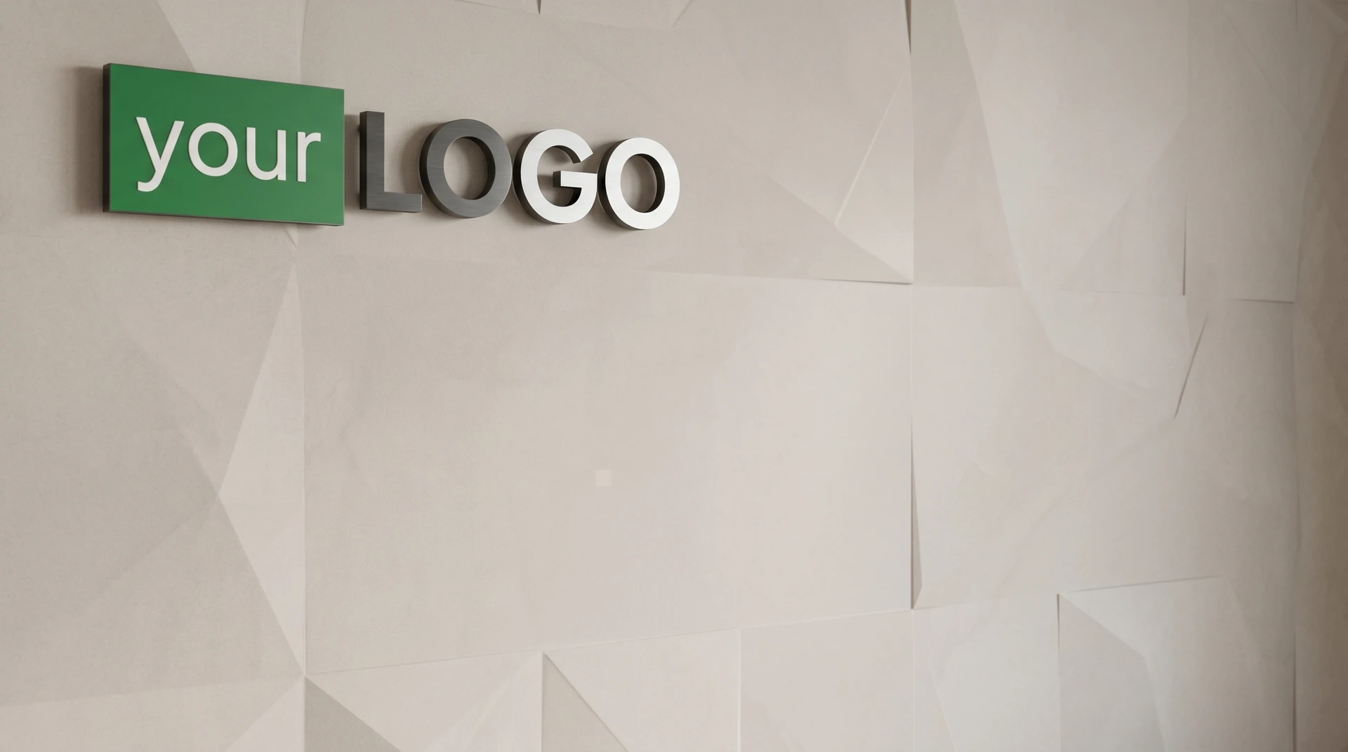 White geometric textured wall with mounted logo creating a clean modern professional video call background.