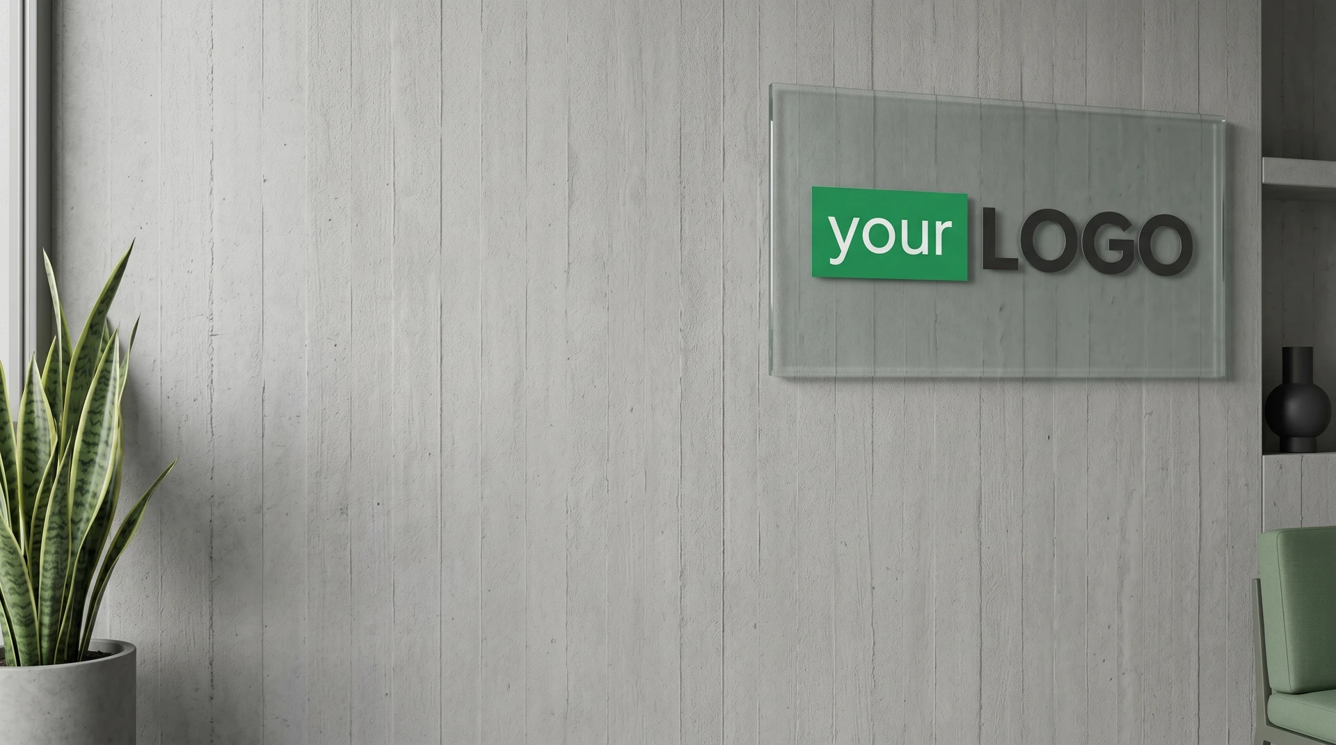 Vertical concrete wall with glass logo panel, plant, and minimal decor creating a modern professional video call background.