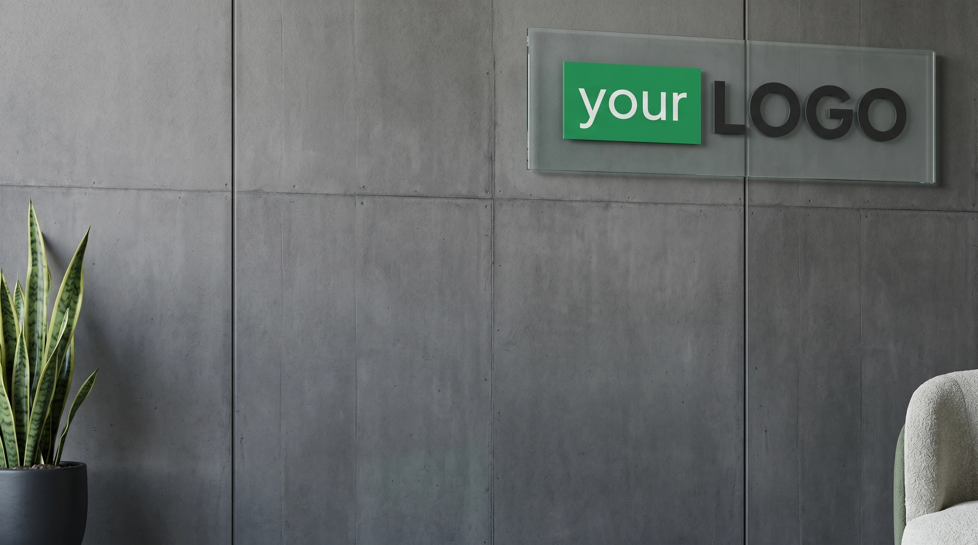 Industrial interior with concrete wall, glass logo panel, plant, and chair creating a modern professional video call background.