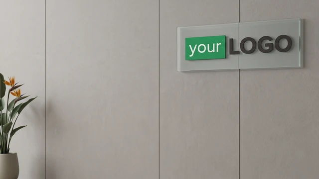 Minimal concrete panel wall with glass-mounted logo and decorative plant creating a clean professional video call background.