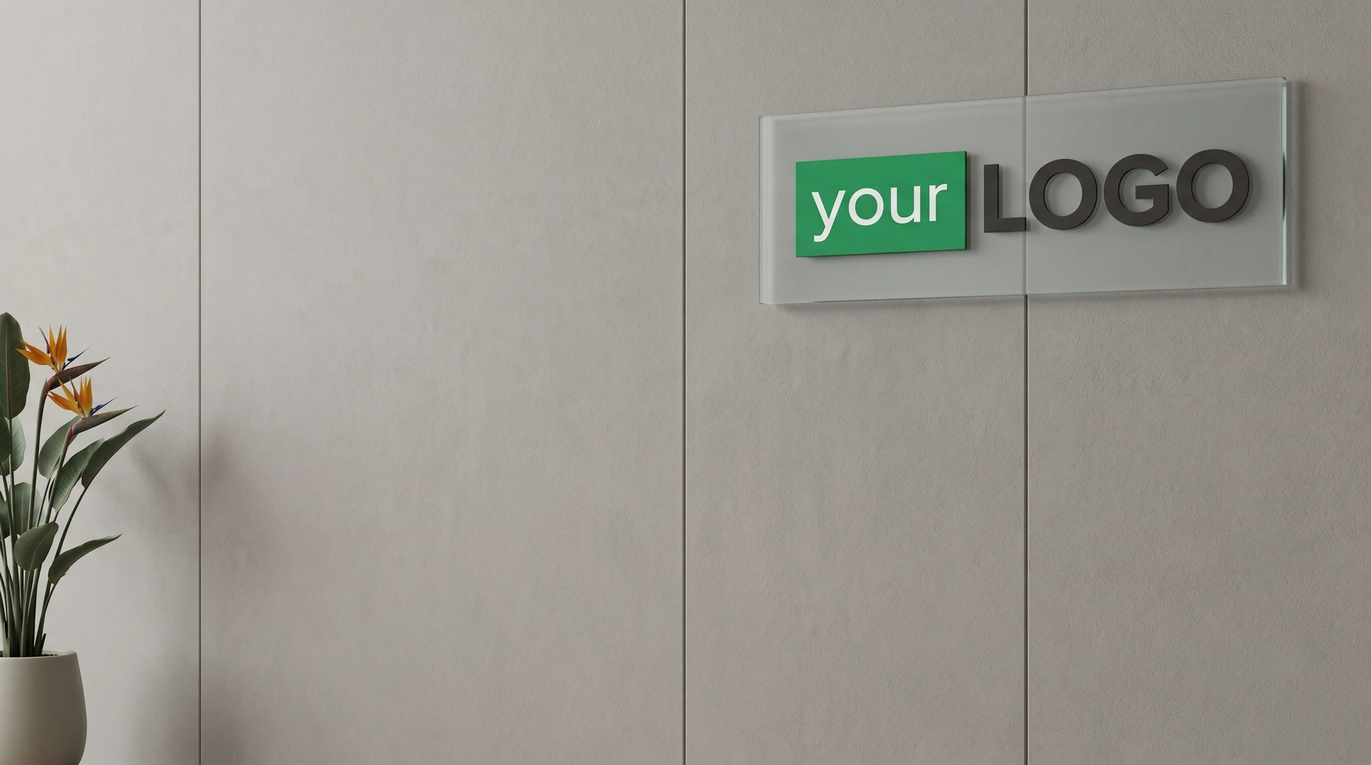 Minimal concrete panel wall with glass-mounted logo and decorative plant creating a clean professional video call background.