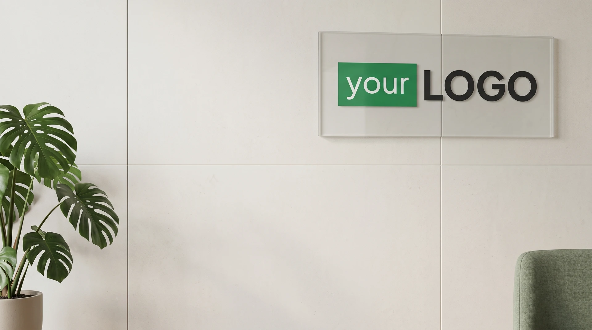 Modern tiled wall with glass-mounted logo, green plant, and minimal decor creating a clean professional video call background.