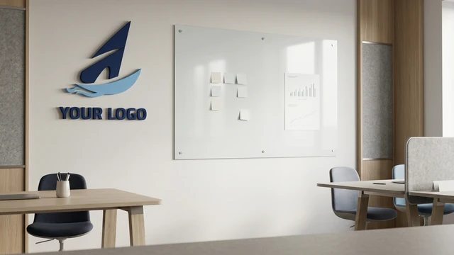 Modern collaborative office with desks, chairs, glass whiteboard, and wall-mounted logo creating a professional video call background.