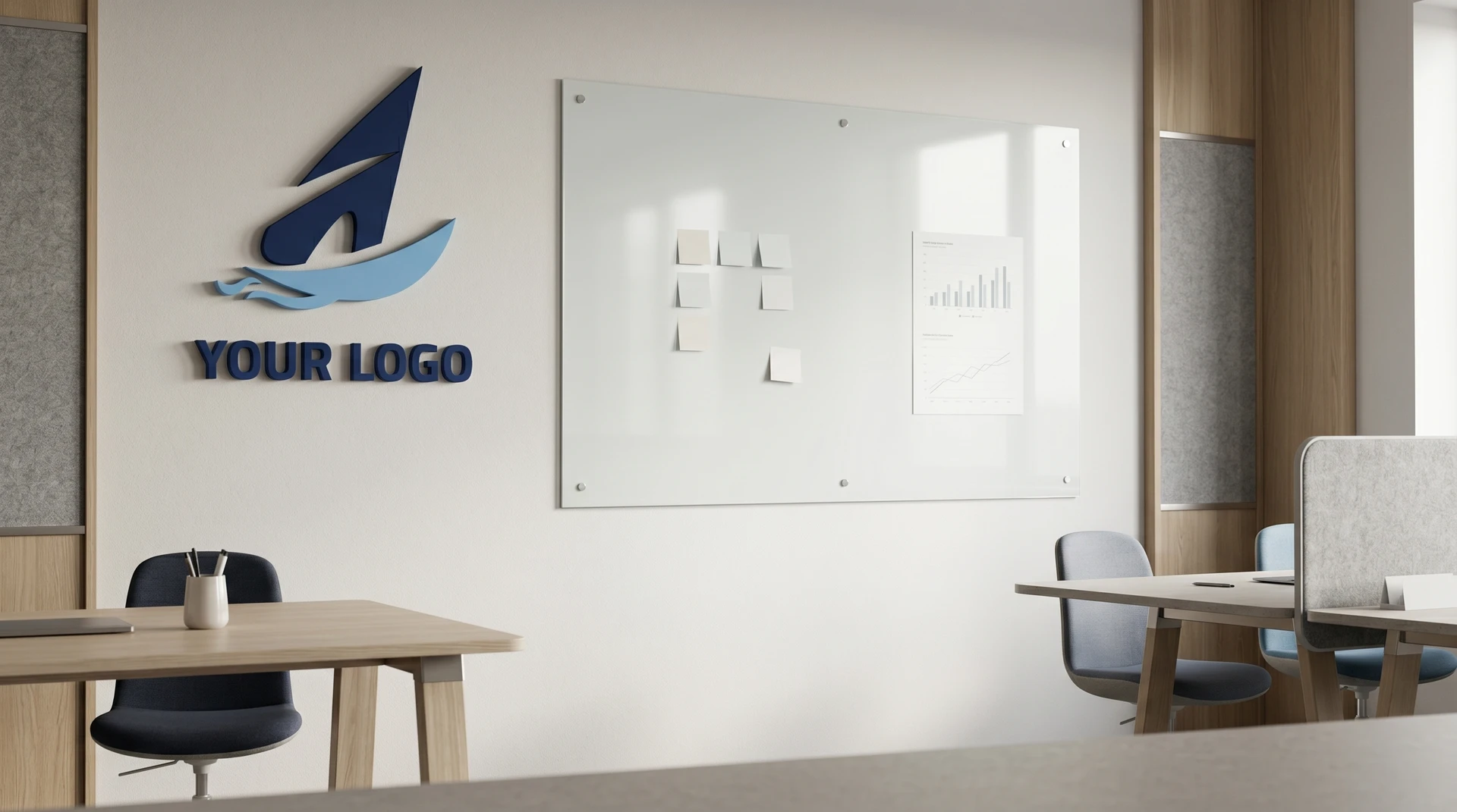 Modern collaborative office with desks, chairs, glass whiteboard, and wall-mounted logo creating a professional video call background.