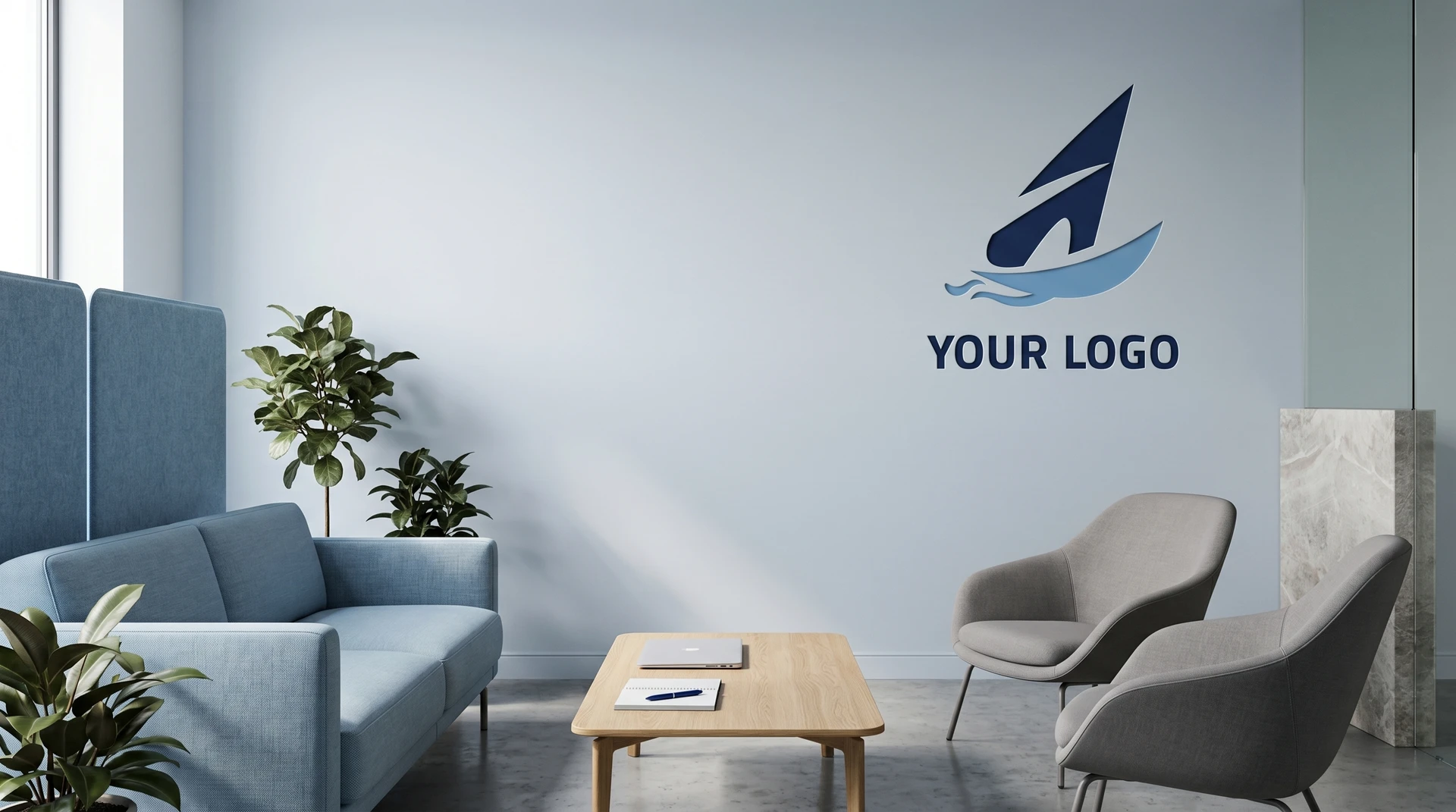 Modern lounge area with sofa, chairs, coffee table, plants, and wall-mounted logo creating a professional video call background.