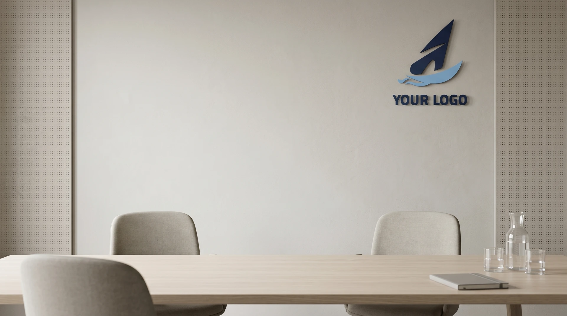 Modern meeting room with wooden table, chairs, minimal decor, and wall-mounted logo creating a professional video call background.