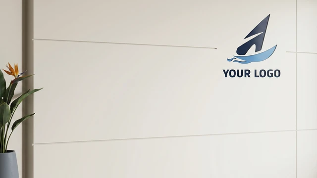 Minimal wall panel interior with mounted logo and decorative plant creating a clean executive video call background.