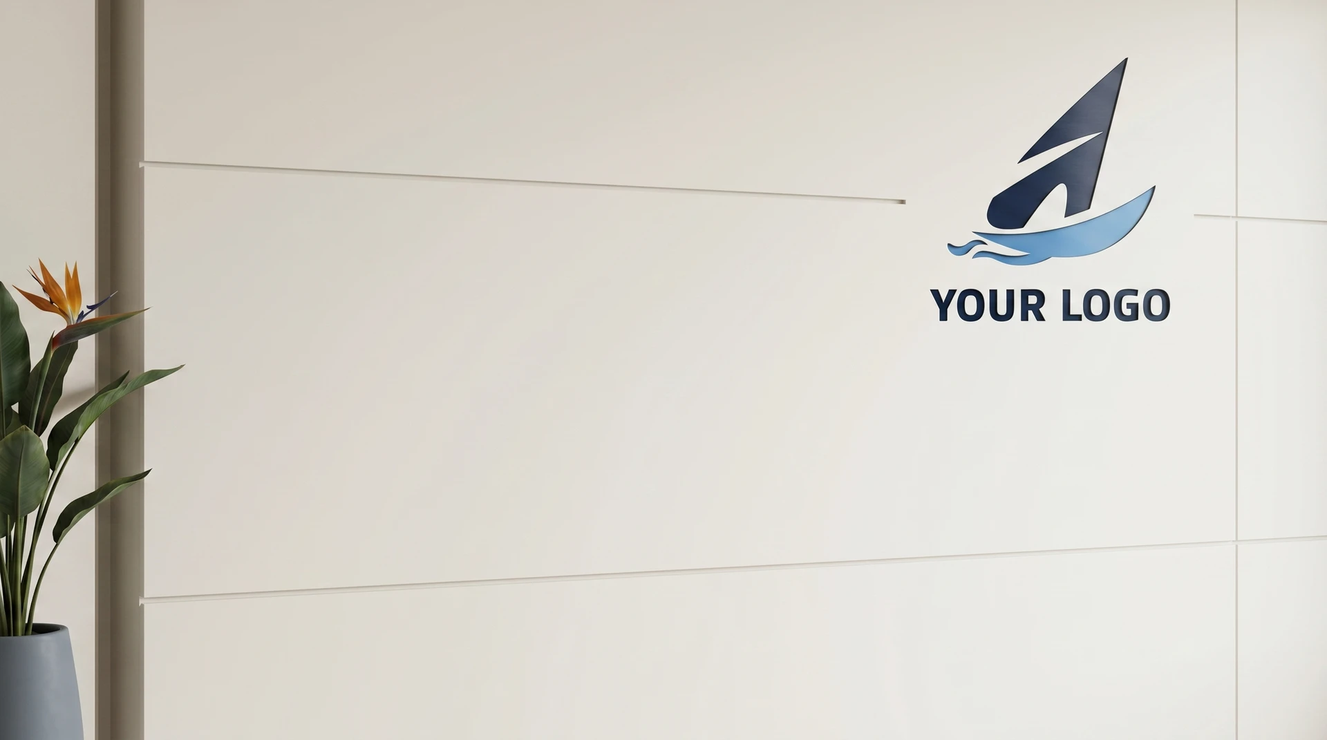 Minimal wall panel interior with mounted logo and decorative plant creating a clean executive video call background.