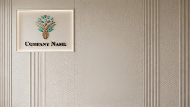 Textured wall with illuminated logo feature panel and elegant design elements creating a premium professional video call background.