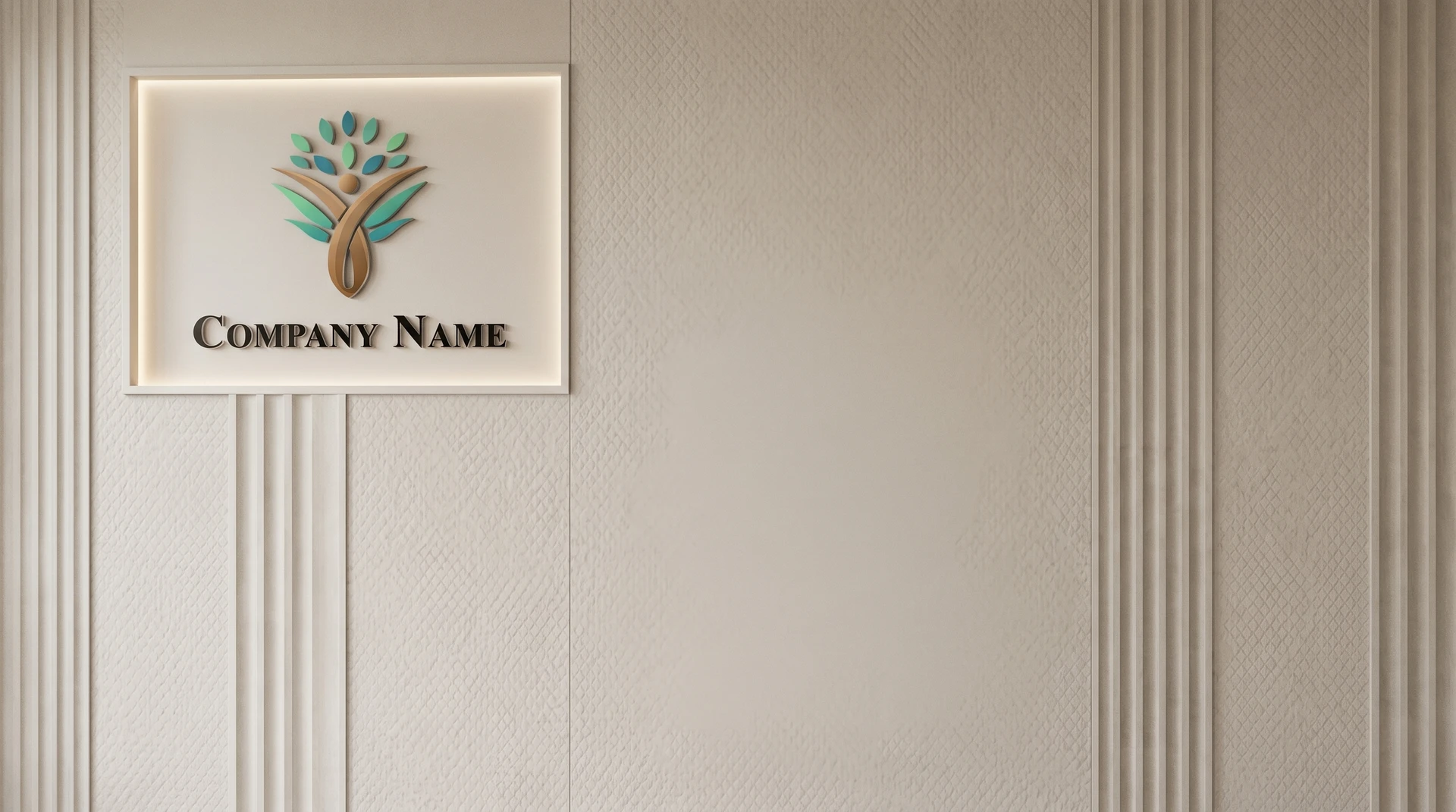 Textured wall with illuminated logo feature panel and elegant design elements creating a premium professional video call background.
