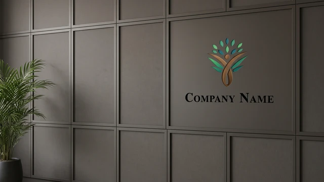 Dark paneled wall with company logo and decorative plant creating a sleek professional video call background.