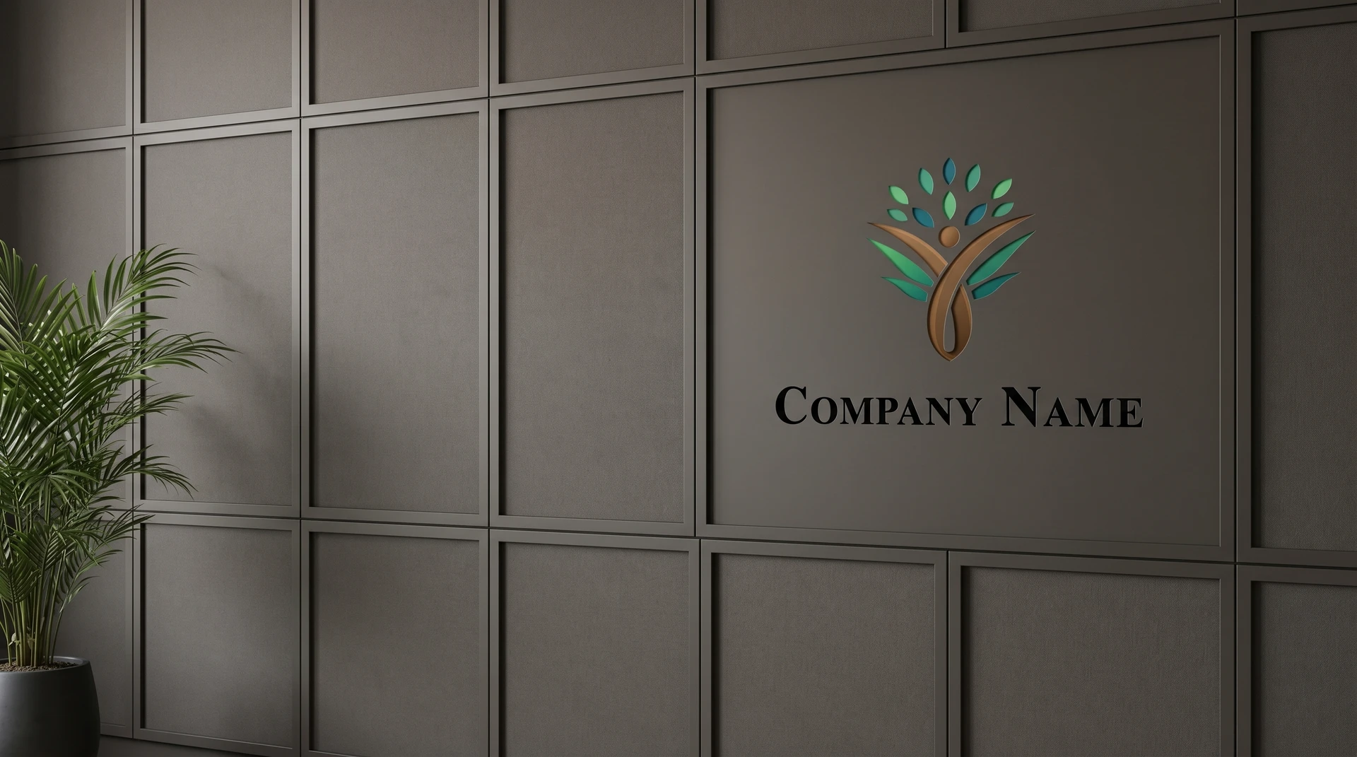 Dark paneled wall with company logo and decorative plant creating a sleek professional video call background.