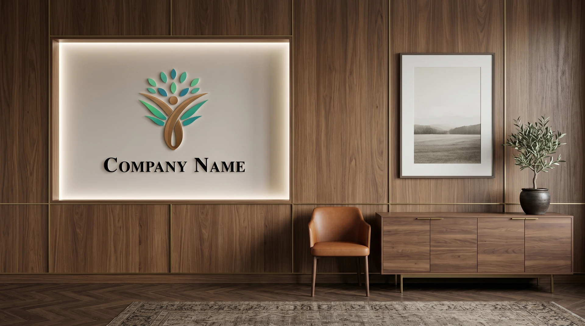 Elegant wood-paneled office with illuminated logo display, cabinet, chair, and decor creating a premium professional video call background.