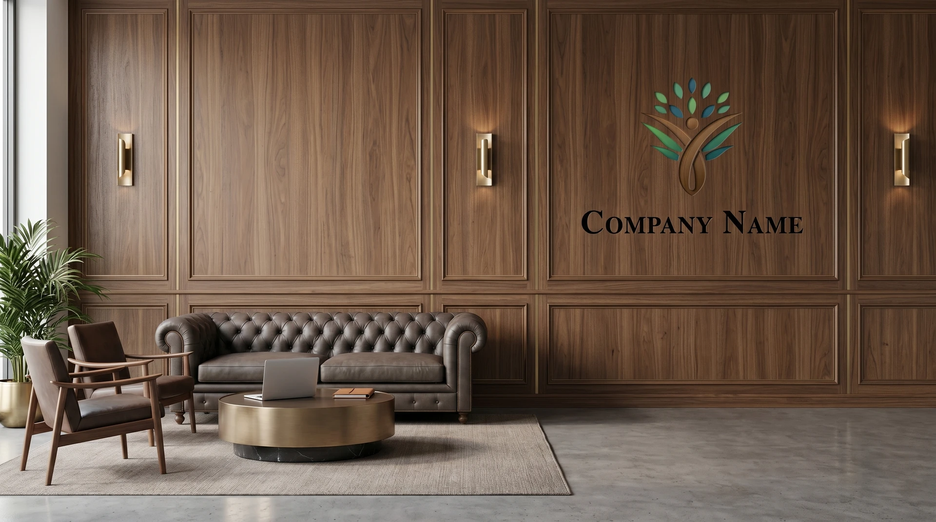 Luxury office lounge with wood panel walls, leather sofa, chairs, and company logo creating a high-end professional video call background.