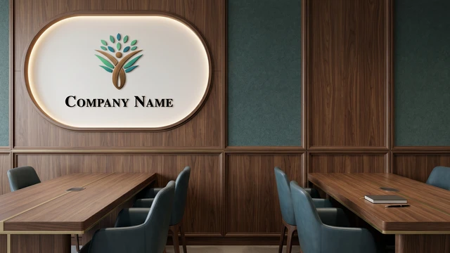 Elegant boardroom with wooden tables, chairs, and illuminated logo wall creating a premium professional video call background.