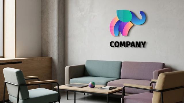 Modern lounge with colorful sofa, chairs, coffee table, and vibrant logo on wall creating a creative professional video call background.