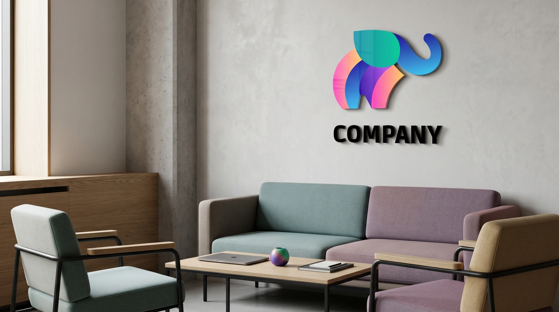 Modern lounge with colorful sofa, chairs, coffee table, and vibrant logo on wall creating a creative professional video call background.