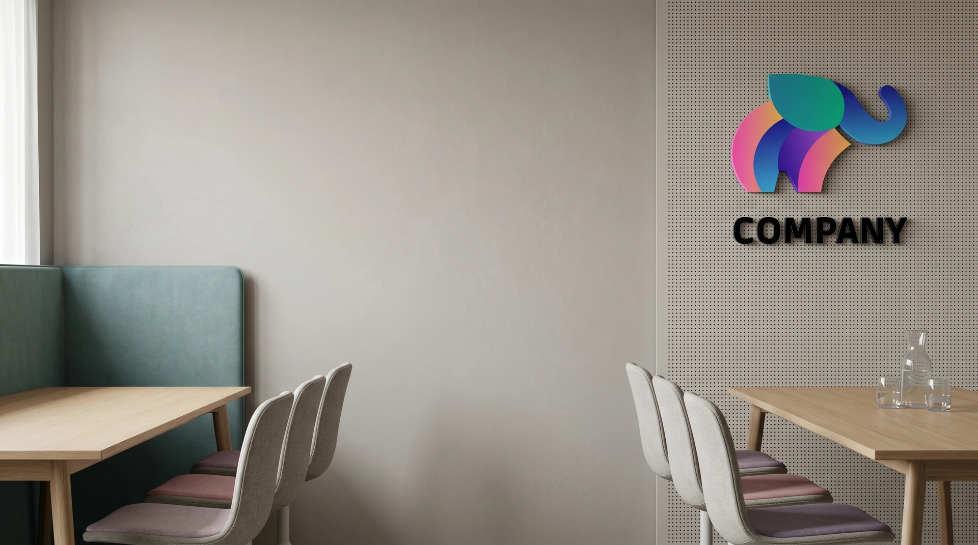 Modern meeting area with tables, chairs, booth seating, and colorful logo on wall creating a professional video call background.