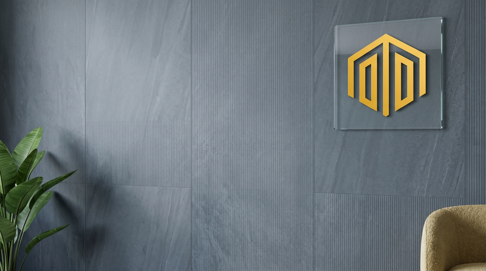 Dark textured wall panels with glass logo sign and plant detail, designed for modern professional video calls and virtual meeting backgrounds.