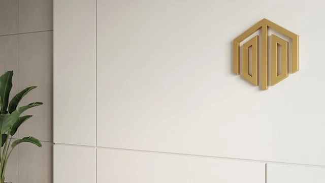 Minimal neutral wall panels with gold logo and plant detail, designed for professional video calls and elegant virtual meeting backgrounds.