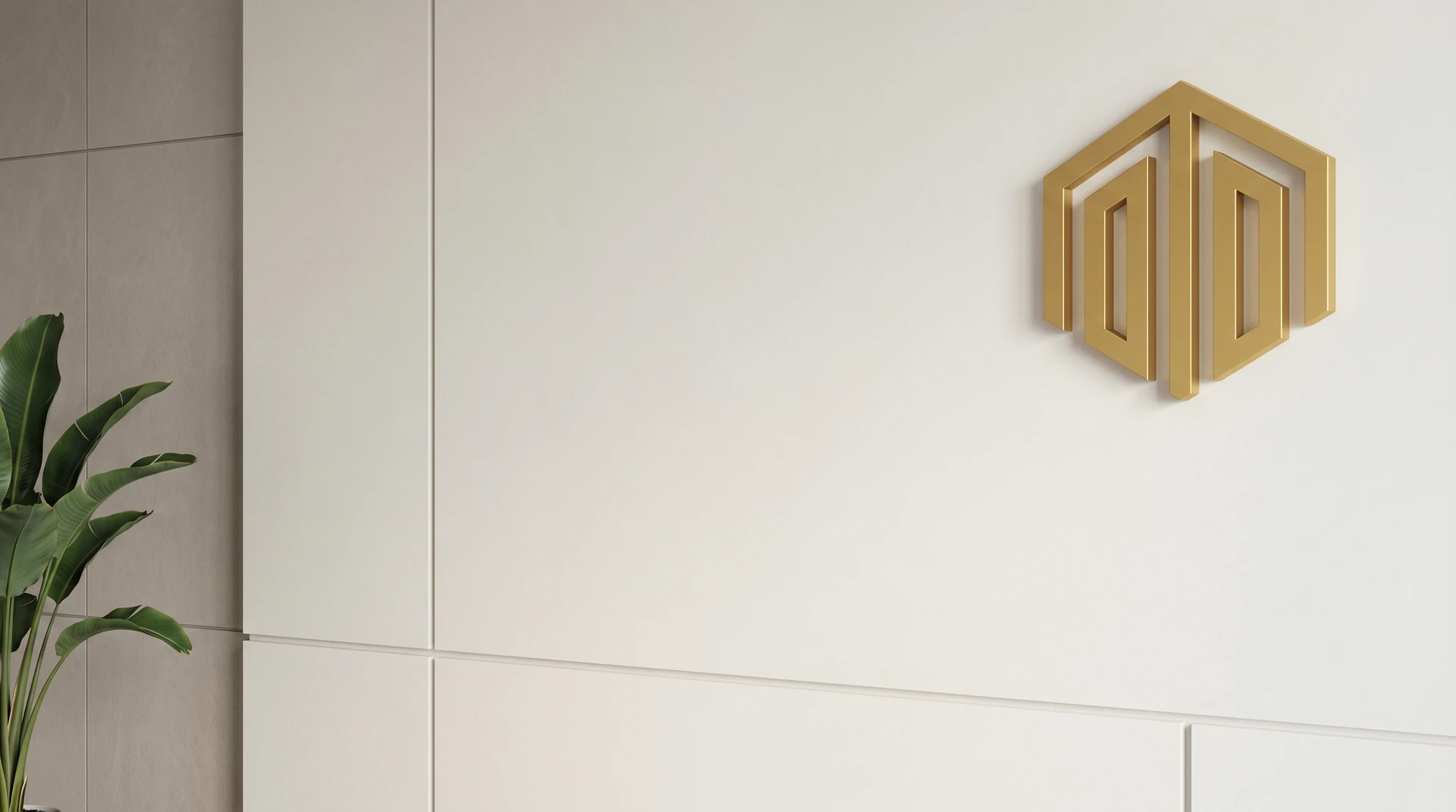 Minimal neutral wall panels with gold logo and plant detail, designed for professional video calls and elegant virtual meeting backgrounds.