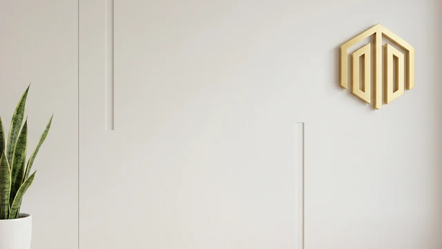 Minimal white wall background with subtle design lines, gold logo, and plant detail, ideal for professional video calls and executive virtual meeting setups.