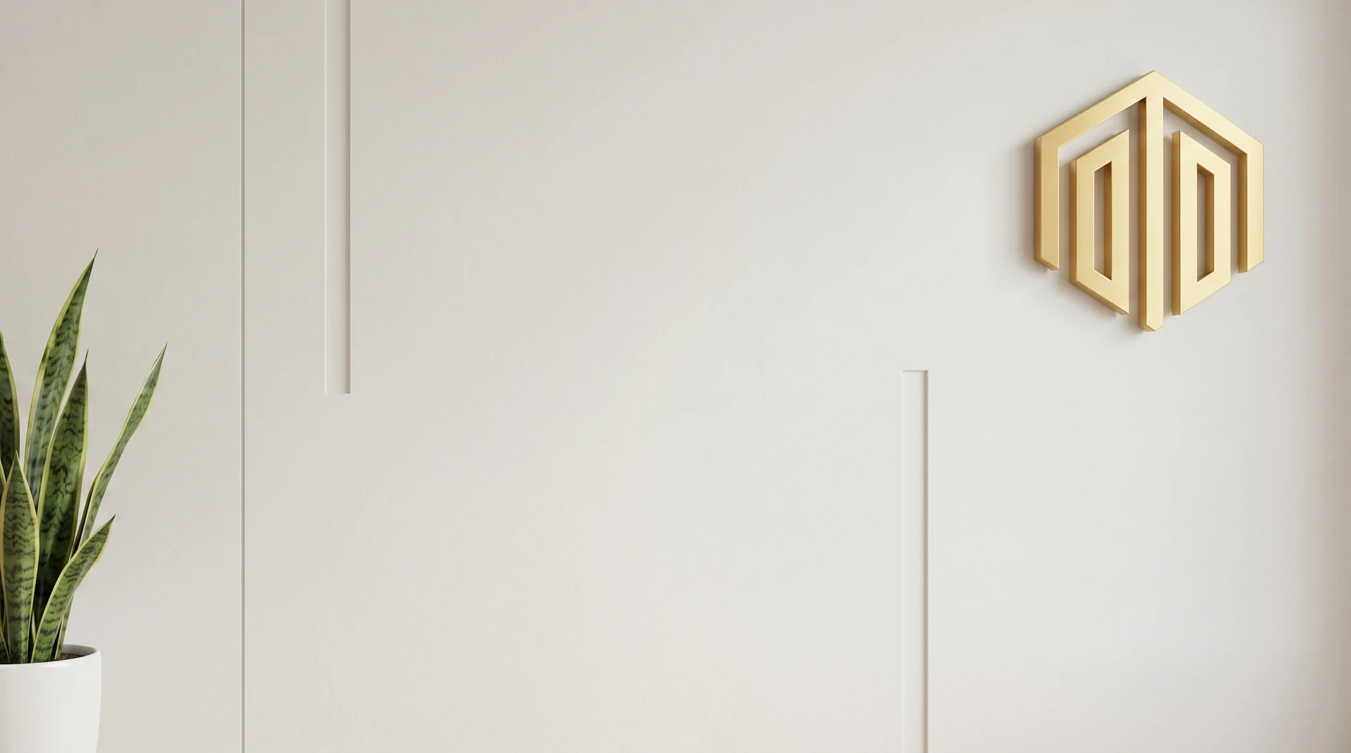 Minimal white wall background with subtle design lines, gold logo, and plant detail, ideal for professional video calls and executive virtual meeting setups.