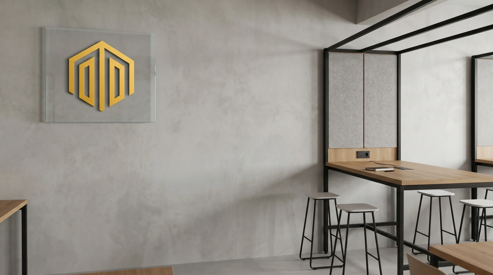 Minimal modern office setting with wooden desk, stools, and glass logo panel on a textured wall, suitable for professional video calls and virtual meetings.