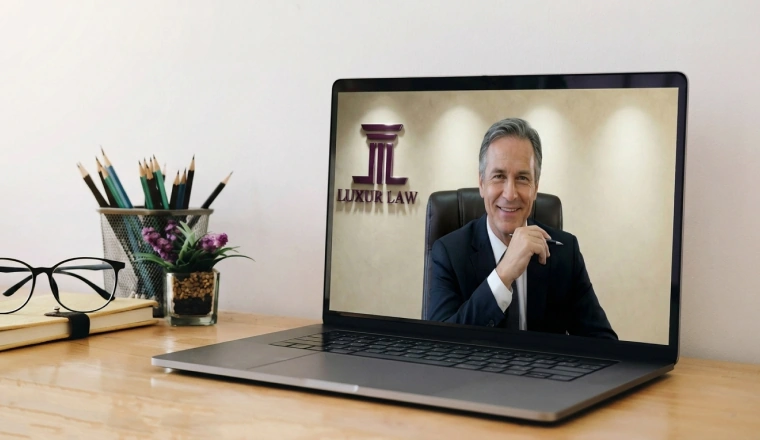 A laptop displaying an attorney using a professional video backdrop