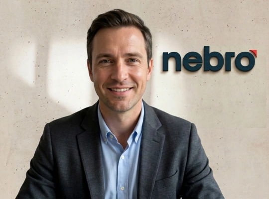 Male team member in front of a professional video call background